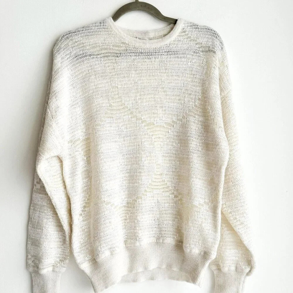 White Crew Neck Sweater with Ribbed Cuffs